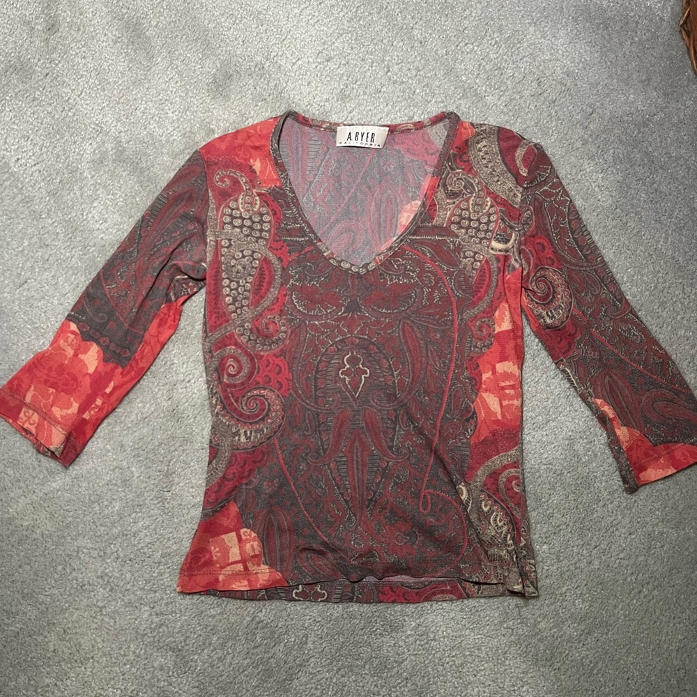 Vintage 90s A. Byer XS Top with colorful design and mid length sleeves